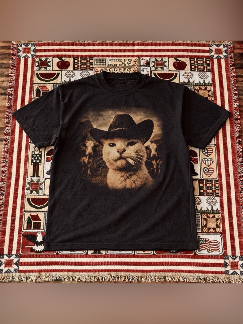 Unknown Brand Black Cat Cowboy Graphic Tee